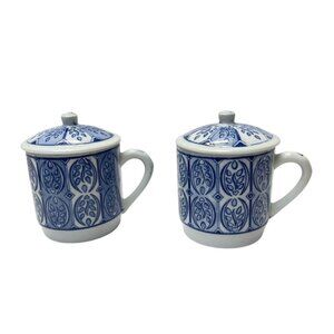 Williams Sonoma IDG Blue White Lidded Mugs Set of 2 Grande Cuisine